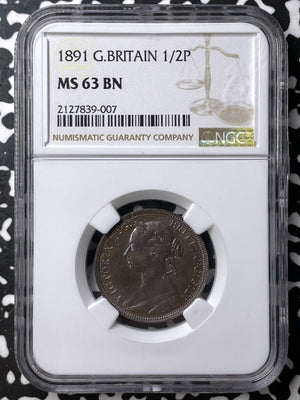 1891 Great Britain 1/2 Penny Half Penny NGC MS63BN Lot#G7322 Choice UNC!