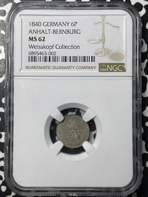 1840 Germany Anhalt-Bernburg 6 Pfennig NGC MS62 Lot#G8854 Weisskopf Collection