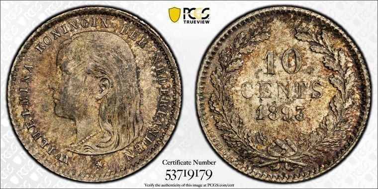 1893 Netherlands 10 Cents PCGS MS63 Lot#G3686 Silver! Choice UNC! KM#116