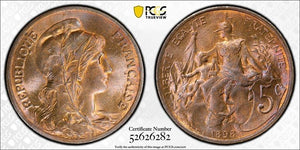 1898 France 5 Centimes PCGS MS65RB Lot#G1055 Gem BU! Gad-165, F#119, KM#842
