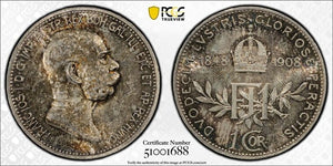 1908 Austria 1 Corona PCGS MS63 Lot#G9854 Silver! Choice UNC! KM#2808