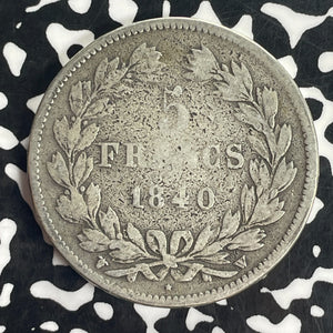1840-W France 5 Francs Lot#T8289 Large Silver Coin!