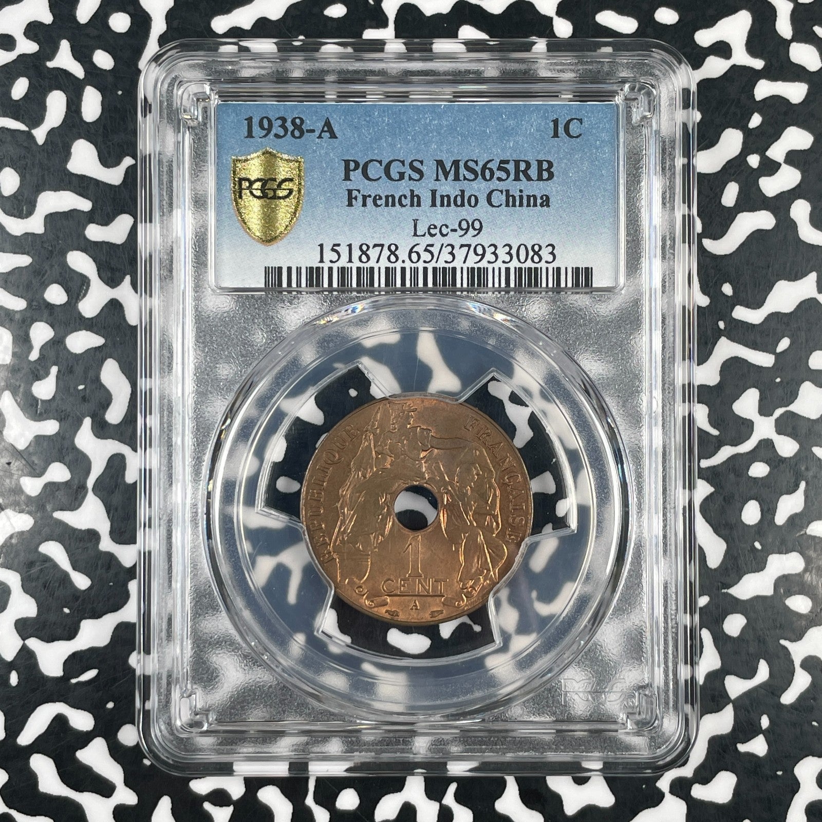 1938-A French Indo-China 1 Centime PCGS MS65RB Lot#G4216 Gem BU! Lec-99