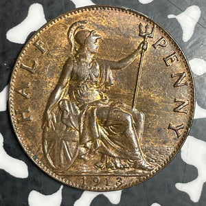 1913 Great Britain 1/2 Penny Half Penny Lot#T3605 High Grade! Beautiful!