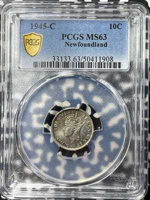 1945-C Newfoundland 10 Cents PCGS MS63 Lot#G8660 Silver! Choice UNC!