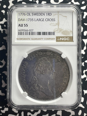 1776-OL Sweden 1 Riksdaler NGC AU55 Lot#G815 Large Silver! DAV-1735 Large Cross