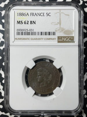 1886-A France 5 Centimes NGC MS62BN Lot#G8890 Nice UNC!