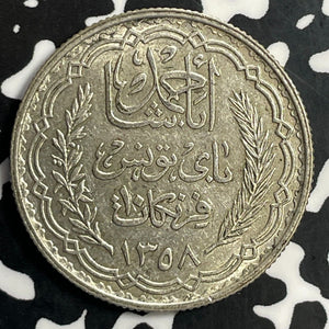 1939 Tunisia 10 Francs Lot#T0912 Silver! Nice!