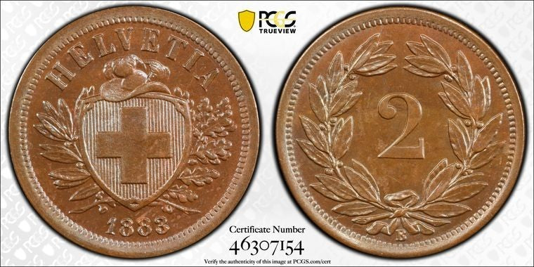 1883-B Switzerland 2 Rappen PCGS MS64BN Lot#G1977 Choice UNC!