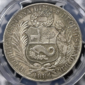 1884-BD Peru 1 Sol PCGS AU58 Lot#G9337 Silver!