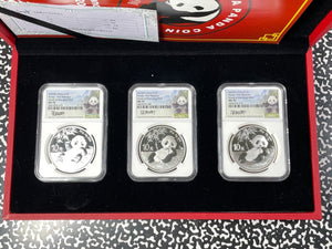 2020 China 3x Panda 10 Yuan Coins NGC MS70 Lot#B2333 Silver! With Case & C.O.A.