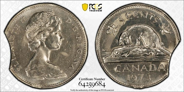 1973 Canada 5 Cents PCGS MS64 Double Clipped Planchet Mint Error Lot#G3730