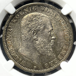 1914-F Germany Wurttemberg 3 Mark NGC AU55 Lot#G8747 Silver!