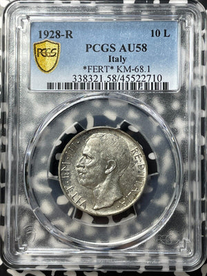 1928-R Italy 10 Lire PCGS AU58 Lot#G8753 Silver! KM#68.1