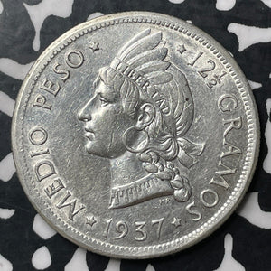 1937 Dominican Republic 1/2 Peso Half Peso Lot#E7013 Silver! Nice!