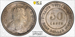 1907-H Straits Settlements 50 Cents PCGS AU55 Lot#G922 Silver!
