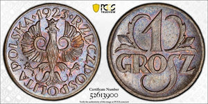 1923 Poland 1 Grosz PCGS MS64BN Lot#G899 Choice UNC! Beautiful Toning!