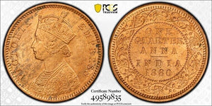 1880-C India 1/4 Anna PCGS MS64RB Lot#G7705 Choice UNC! SW-6.494, Incuse 'C'