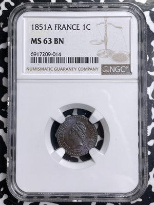 1851-A France 1 Centime NGC MS63BN Lot#G9580 Choice UNC!