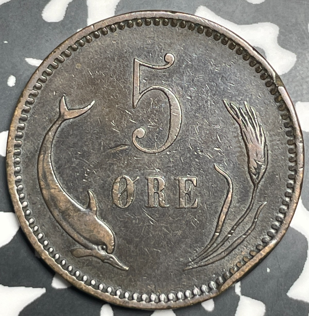 1882 Denmark 5 Ore Lot#T9353 Key Date! Rim Bump