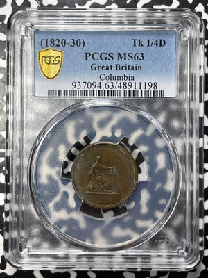 (1820-30) G.B. Columbia Farthing Token PCGS MS63 Lot#G7279 Choice UNC!