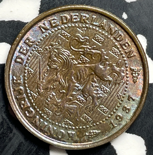 1937 Netherlands 1/2 Cent Half Cent Lot#T9368 High Grade! Beautiful Toning!