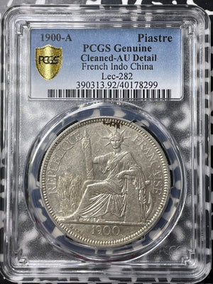 1900-A French Indo-China 1 Piastre PCGS Cleaned-AU Detail Lot#MK166 Silver!