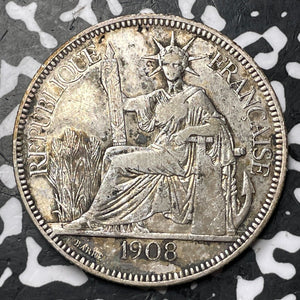 1908-A French Indo-China 1 Piastre Lot#JM7314 Large Silver Coin!
