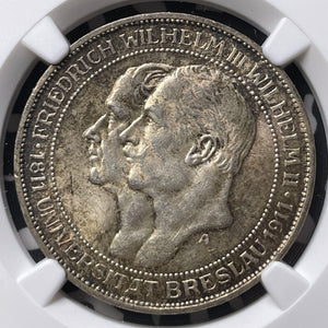 1911-A Germany Prussia Breslau University 3 Mark NGC MS62 Lot#G8743 Silver!