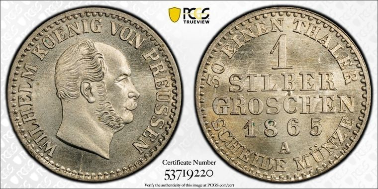 1865-A Germany Prussia 1 Groschen PCGS MS66 Lot#G3665 Top Graded! Gem BU!