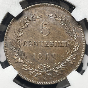 1869-M San Marino 5 Centesimi NGC MS62BN Lot#G8989 Nice UNC !