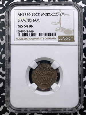 AH 1320 (1902) Morocco 2 Mazunas NGC MS64BN Lot#G9094 Top Graded!