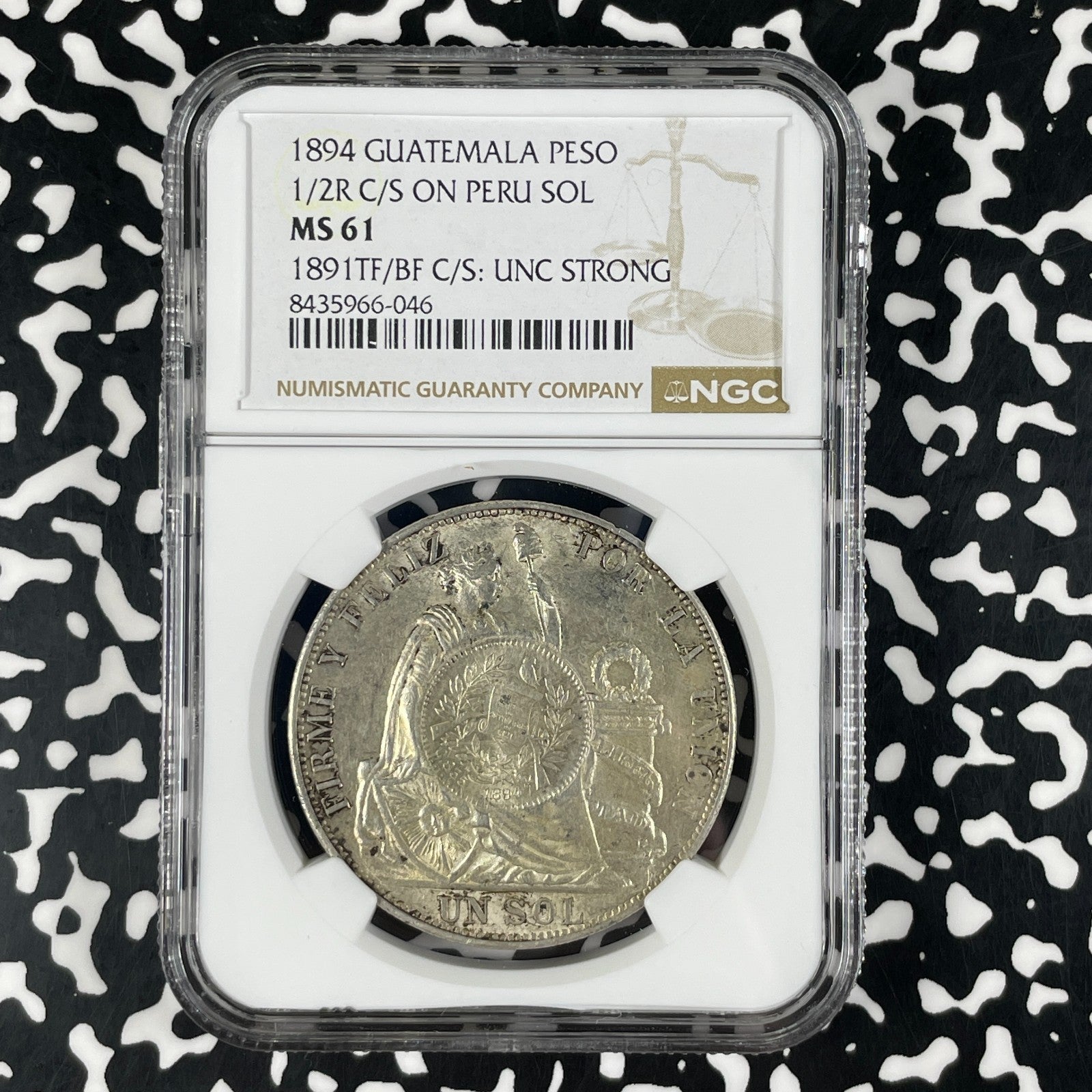 1894 Guatemala 1 Peso With 1/2 Real C/S On 1 Sol NGC MS61 Lot#G2259 Silver!