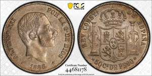 1885 Spanish Philippines 50 Centimos PCGS AU58 Lot#G9557 Silver!