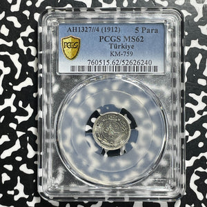 AH 1327 Year 4 (1912) Turkey 5 Para PCGS MS62 Lot#G965 Nice UNC! KM#759