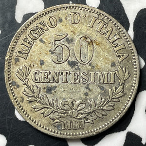 1863-M BN Italy 50 Centesimi Lot#E8114 Silver!