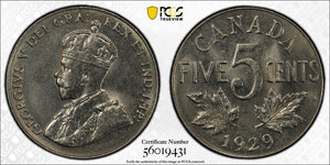 1929 Canada 5 Cents PCGS MS64 Lot#G045 Choice UNC! Near 'S' Variety