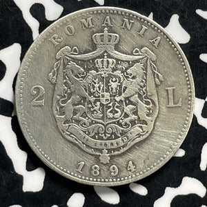 1894 Romania 2 Lei Lot#JM9983 Silver! Scarce! Cleaned