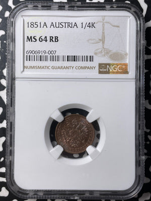 1851-A Austria 1/4 Kreuzer NGC MS64RB Lot#G8786 Choice UNC!