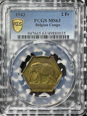 1943 Belgian Congo 2 Francs PCGS MS63 Lot#G8097 Choice UNC! Elephant