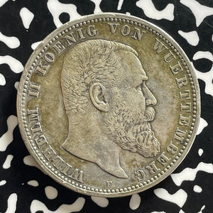 1907-F Germany Wurttemberg 5 Mark Lot#JM0125 Large Silver!