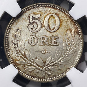 1927-W Sweden 50 Ore NGC MS65 Lot#G8994 Silver! Gem BU!