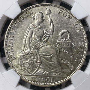 1916-FG Peru 1 Sol NGC AU58 Lot#G9013 Large Silver! Incuse 'Libertad'