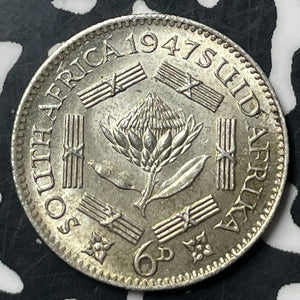 1947 South Africa 6 Pence Sixpence Lot#E7726 Silver! High Grade! Beautiful!