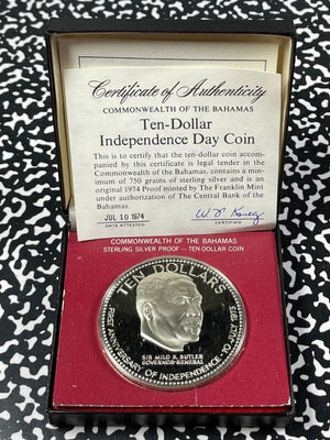 1974 Bahamas $10 Dollars Lot#B2190 Silver! Proof! With Case & C.O.A