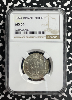 1924 Brazil 2000 Reis NGC MS64 Lot#G735 Silver! Choice UNC!