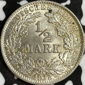 1918-D Germany 1/2 Mark Half Mark Lot#D6988 Silver! High Grade! Beautiful!