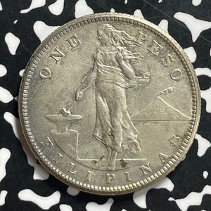 1907-S U.S. Philippines 1 Peso Lot#JM9579 Silver! Beautiful Detail, Old Cleaning