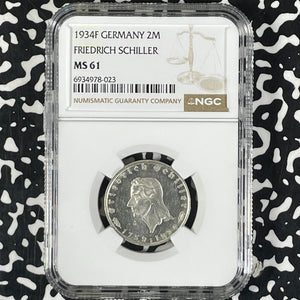 1934-F Germany Schiller 2 Mark NGC MS61 Lot#G9928 Silver! Nice UNC!