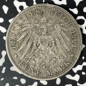 1901-A Germany Prussia 5 Mark Lot#T4870 Large Silver Coin!